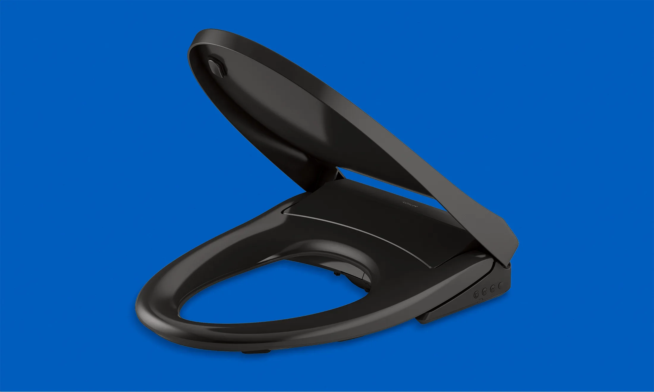 A black toilet seat (detached from the toilet) on a blue background.  Product marketing photo.