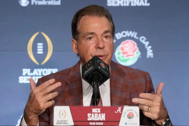 Nick Saban speaks during the Rose Bowl coaches press conference on December 31, 2023.