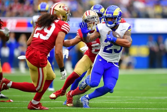 September 17, 2023;  Inglewood, California, United States;  Los Angeles Rams running back Kyren Williams (23) runs the ball against the San Francisco 49ers during the second half at SOFI Stadium.  Mandatory Credit: Gary A. Vasquez-USA TODAY Sports
