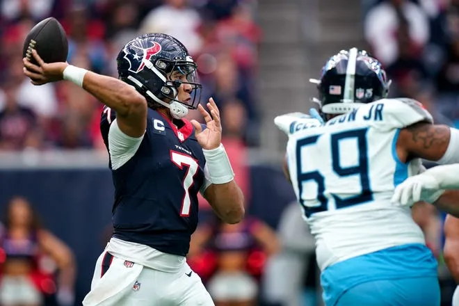 Houston Texans quarterback CJ Stroud (7) throws the ball against the Tennessee Titans during the second quarter at NRG Stadium in Houston, Texas, Sunday, December 31, 2023.