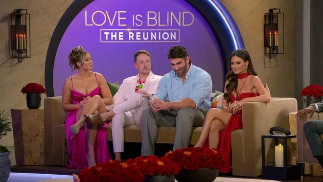 Sarah Ann Bick (left), Jeramey Lutinski, Trevor Sova and Jessica Vestal at the Netflix season 6 reunion "Love is blind."